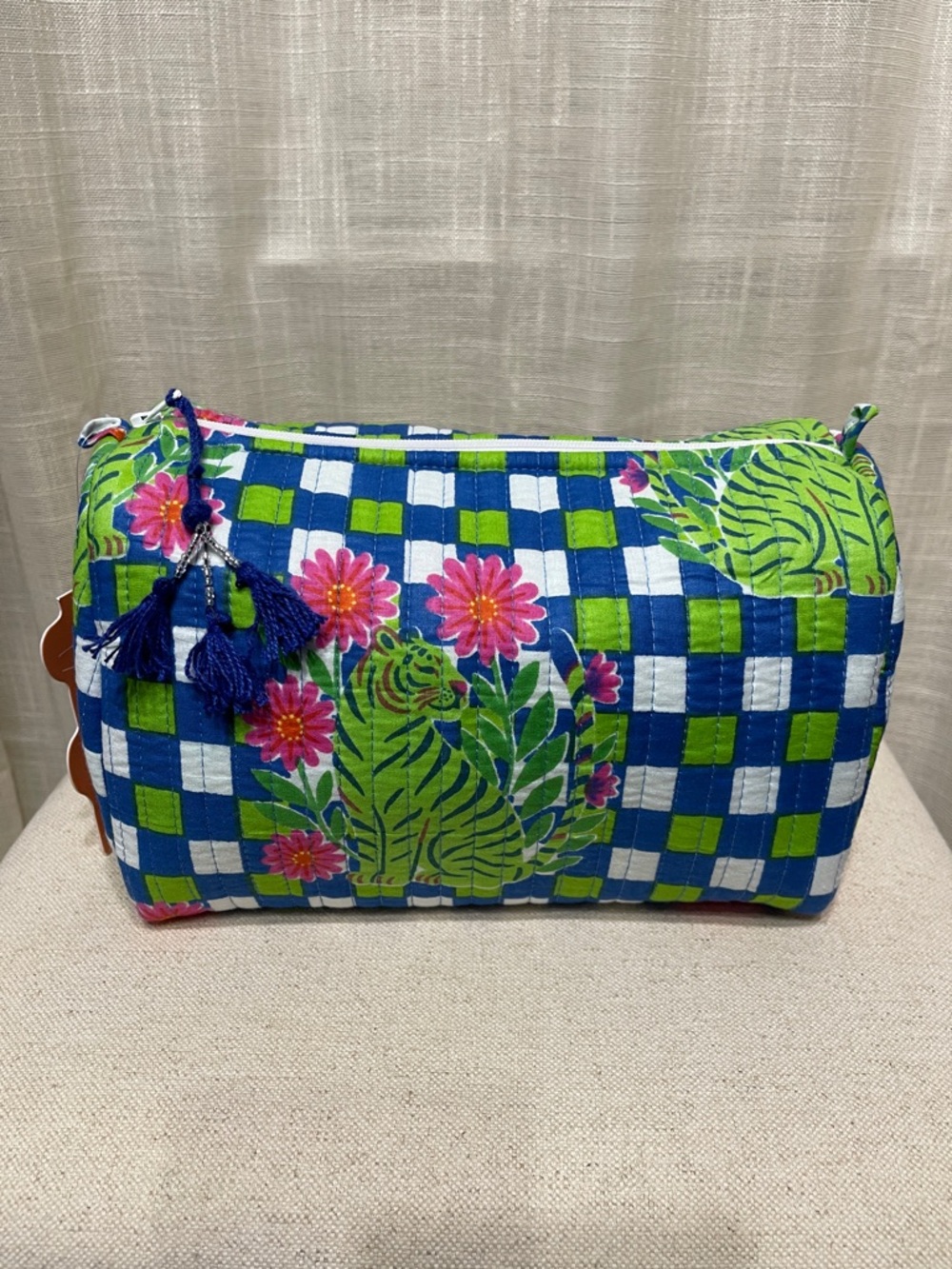 Brand New Floral Checkerboard Quilted Cosmetic Pouch - Blue & Green